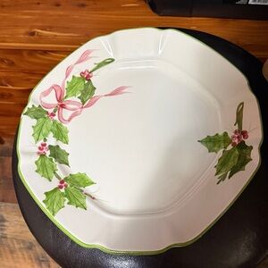 Vintage Laurie Gates Christmas Holly with Pink Ribbon 11” Plate